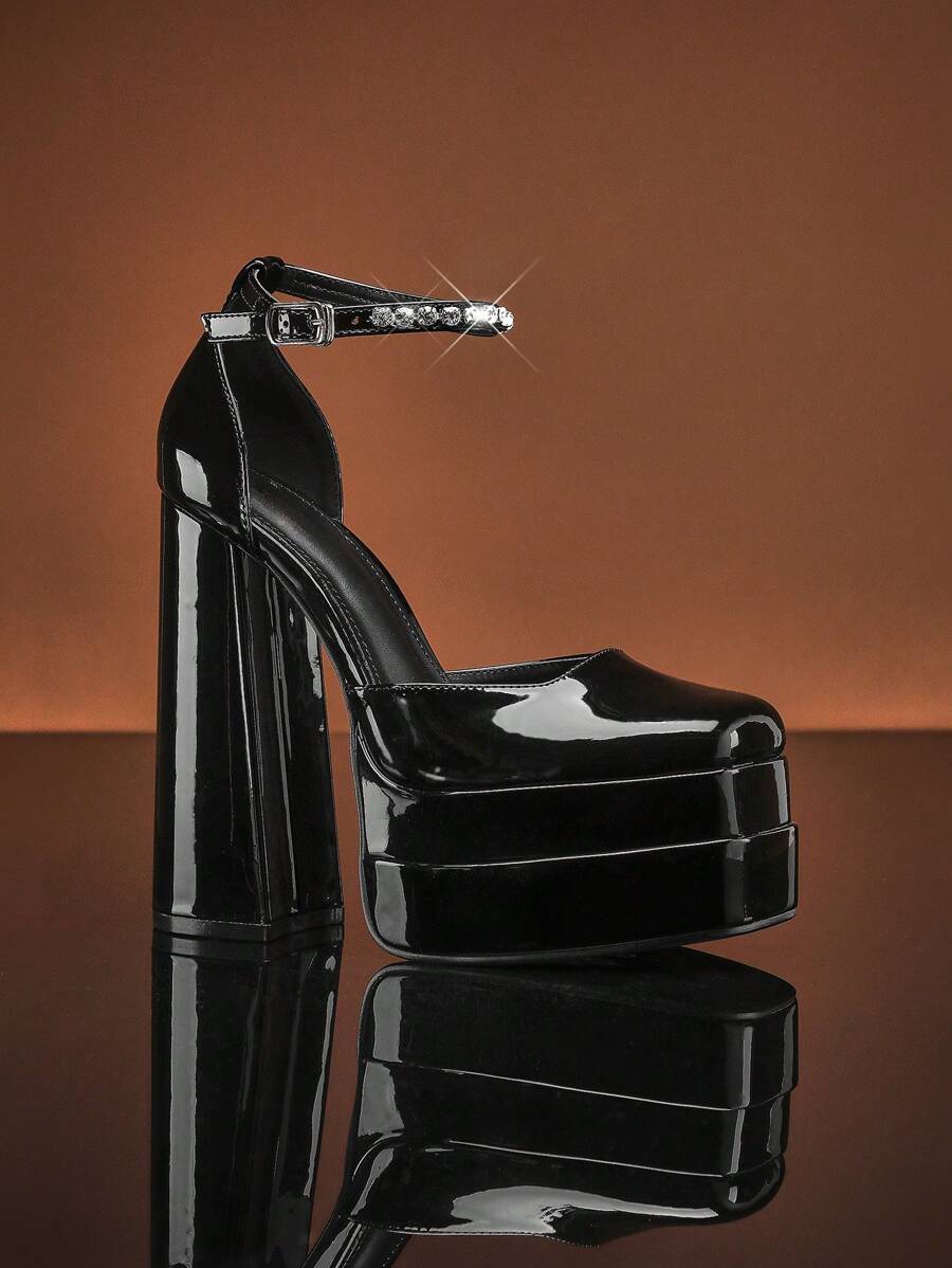 SHUZIA Women's Satin Ankle Strap Double Platform Heel Pumps - Black - View 1