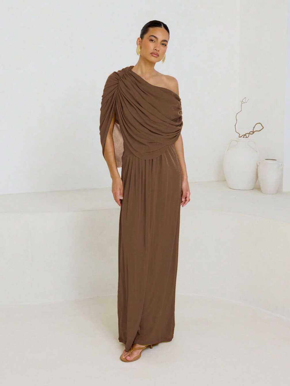 one shoulder grecian maxi dress Grecian Lam One Shoulder Gown Silver / XS