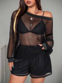 Whyspr Grunge Punk 2pcs Fashion Casual Sheer Mesh Asymmetric Shoulder Top And Mesh Pants Set, Summer Fall Cloth For Women - Black - View 4