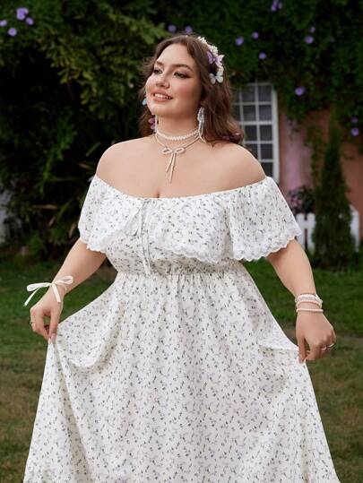 Flirla Plus Size Women's Elegant Ditsy Floral Sexy Off Shoulder Lace Trim Maxi Dress