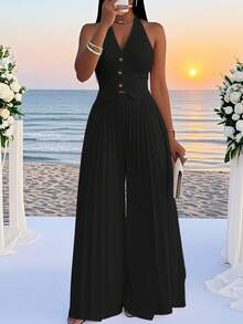 Slaydiva Ensemble deux pièces élégant et sexy pour le printemps et l'été, comprenant un Top à bretelles décolleté en V profond et dos nu, avec un bas jambe large plissé super long. Couleur blanche, en tissu tressé, pour le travail et la vie quotidienne - Noir - Voir 1