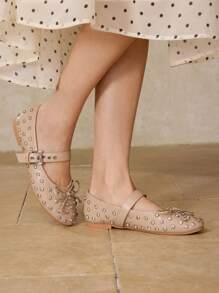 MOTF PREMIUM BOW STUDDED MARY JANE ROUND TOE FLAT SHOES FOR CHRISTMAS - Apricot - View 2