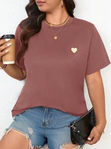 SHEIN Frenchy Plus Size Casual Heart Embroidered Round Neck Short Sleeve T-Shirt