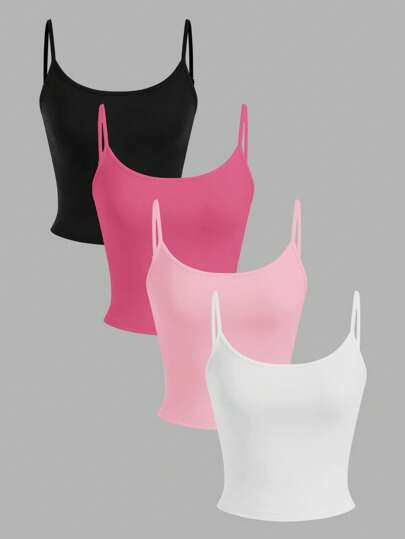 SHEIN EZwear 4pcs Women Solid Color Crop Tank Top, Black, White, Pink, Rose Red, Casual Fitted Summer