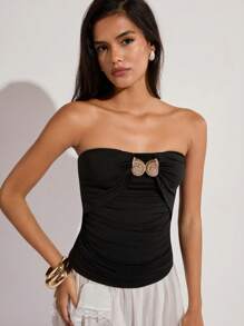 COSMINA Damen Sommer Metall Muschel Dekor Plissee Passform schwarzes Bandeau Top - Schwarz - Übersicht 5