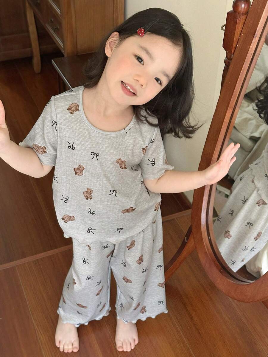 Dazy Kids Young Girl Round Neck Short Sleeve T-Shirt And Pants Sets, Fashionable Home Outfit For Summer - Grey - View 1