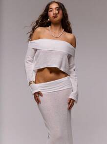 MUSERA 翻领针织露肩长袖修身上衣，春夏伊比沙岛度假可爱浪漫节日毕业典礼海滩浪漫感恩节时尚新娘单身派对婚礼 - 白色 - 查看 1