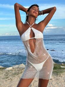 Opulessa Solid Color Cutout Halter-Neck Mini Dress For Women - White - View 5