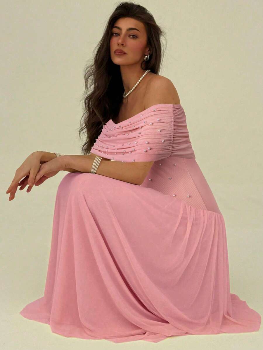 Aloruh Women's Elegant Solid Beaded Off Shoulder Maxi Dress For Summer - Pink - View 1