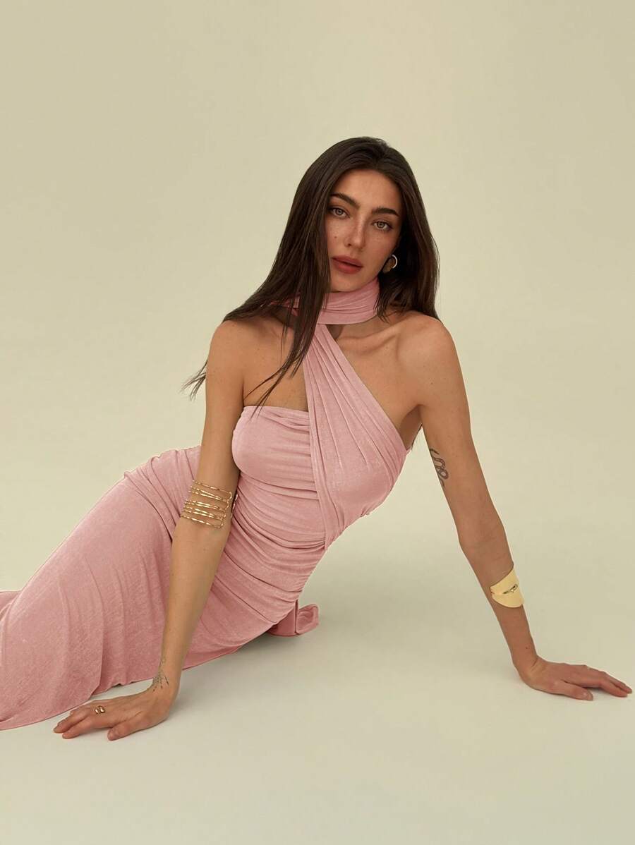 Aloruh Elegant One Shoulder Ruffle Design Slim Fit Pleated Sparkly Long Straight Dress - Pink - View 1