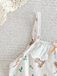 Young Girl' Minimalist Fresh Apricot Ditsy Floral & Bear Pattern Collar Contrast Lace Ruffle Bow Decor Camisole Casual Undershirt Young Girl Summer Outfits Young Girls Clothing Summer Tops Little Girl Summer Tops Toddler Summer Girl Clothes