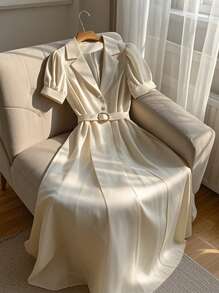 Franclia Women's Short Puff Sleeve Casual Elegant Blazer Dress With 5-Piece Cloth Belt Decor - Apricot - View 3
