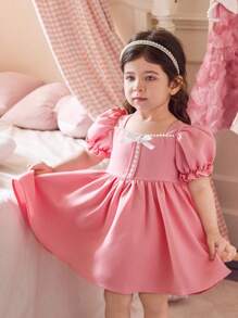 Vestido corto de verano elegante y lindo para bebé niña, con mangas con volantes y lazo rosa - Rosa - Ver 3