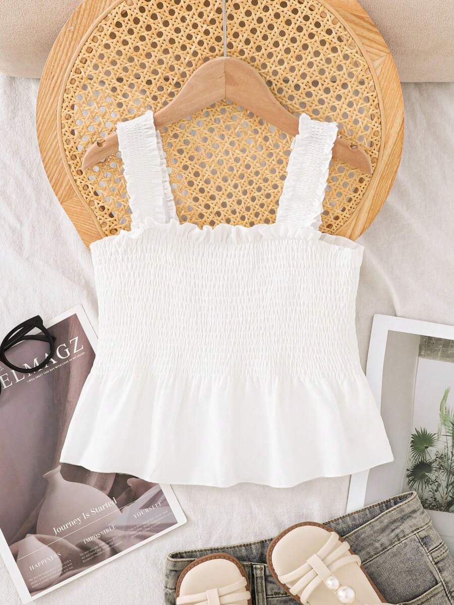 Girls Ruffled Hem Cropped Mini Camisole Top, Versatile For Beach Vacation, Travel & Casual Wear, Matching Sister Set