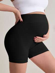 SHEIN Pregnant Women Solid Color High Waisted Everyday Fitness Workout Shorts - Black - View 3