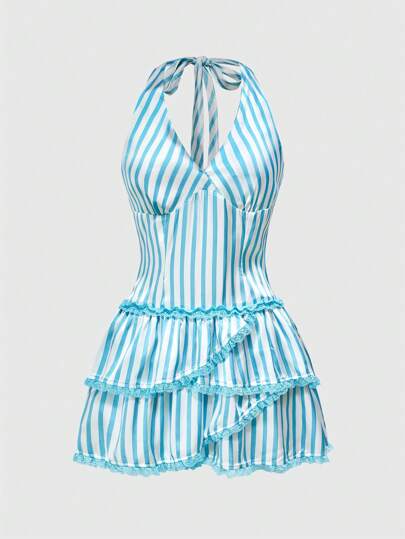 J-Fashion Women's Sexy Backless Striped Mini Slip Dress, Summer