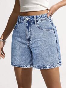 SHEIN EZwear 女士蝴蝶结刺绣口袋休闲牛仔短裤，夏季 - 淺色水洗藍 - 查看 5