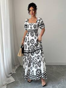 Rafferiza 女式夏季乡村花卉印花露肩连衣裙 - 黑與白 - 查看 3