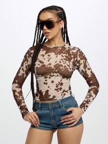 SUMWON WOMEN Cow Print Mesh Sheer Long Sleeve Top