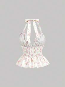SHEIN MOD Floral Print Ruffle Halter Neck Women Top, Bow Decor, Ruffle Hem, Romantic, Holiday, Date,Valentine Day,Vacation Woman,Birthday For Women,Beach For Woman,Cute Tops - White - View 2