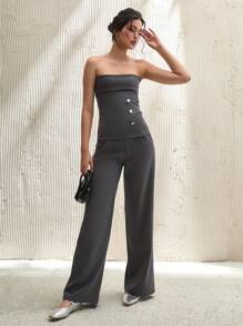 EURMUSE Women's Solid Gold Button Detailed Suit Set - Dark Grey - View 1