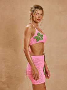 MUSERA Crochet Knit Floral Bralette And Mini Skirt Co Ord Spring Summer Vacation Boho Ibiza Elegant Club Beach Cute Sexy Festival Birthday