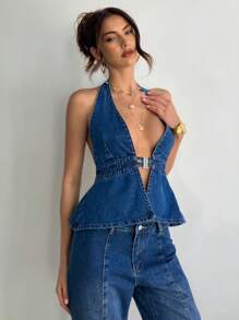 Aloruh Top corto de denim con escote profundo en V, cierre metálico en la espalda y cuello halter, ideal para vacaciones en la isla y festivales - Azul lavado oscuro - Ver 1