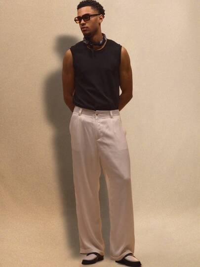 Musero Casual Street Style Smart Tailored Satin Straight Leg Trousers For Summer Holiday Vacation