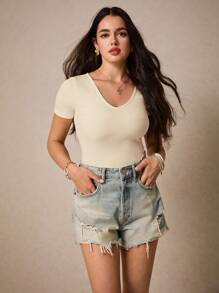 Poéselle Solid Backless Short Sleeve Tee, Effortless Chic Essential, Summer Top, Bottoming T-Shirt, Casual Chic Style For All Occasions