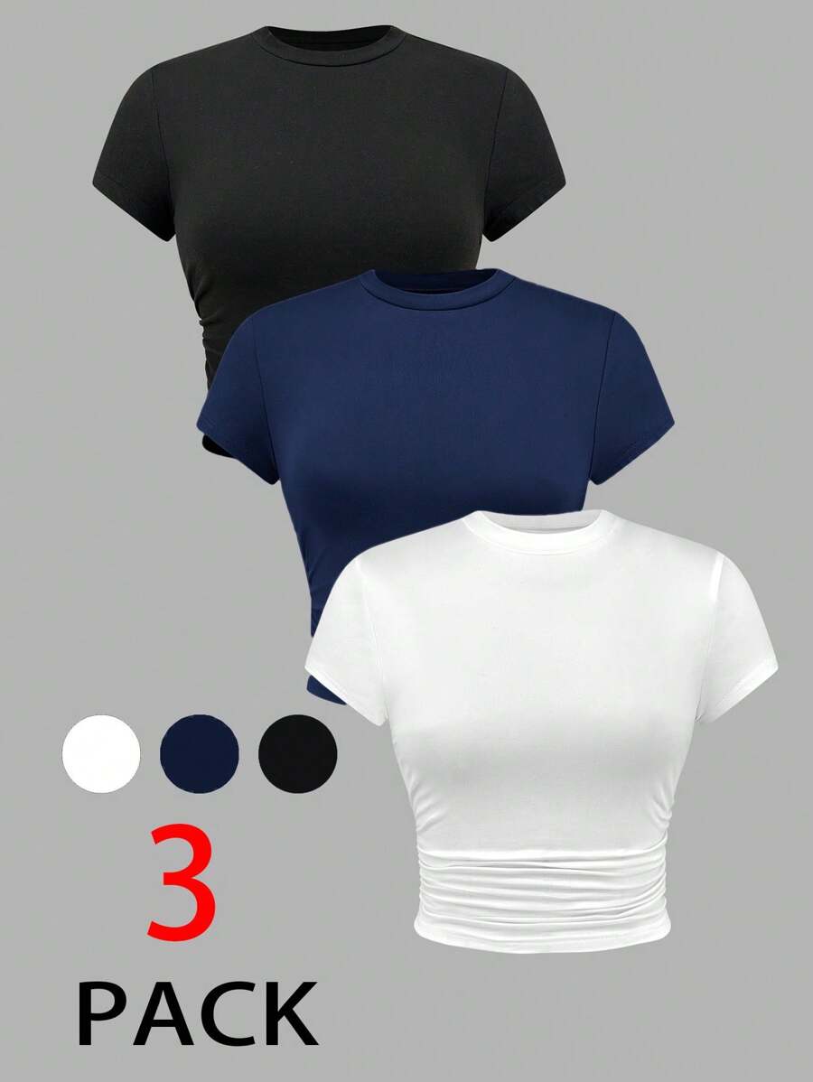 SHEIN PETITE 夏季三件套女士褶皱短袖T恤 - 彩色 - 查看 1