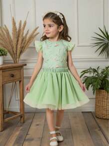 2pcs/Set Girl Toddler Floral Embroidery Ruffled Cap Sleeve Top And Mesh Skirt Set, Sweet Fashion Versatile Summer Outfit Suitable For Parties And Vacations