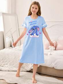 SHEIN Robe longue décontractée pour filles, col rond, manches courtes, imprimé lapin bleu et rayures blanches, en tissu tricoté, vêtement de nuit confortable - Bleu azur - Voir 1