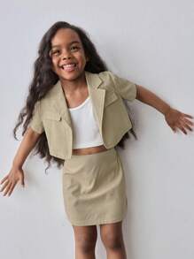 Maija Kids Maija Kids 2 Pieces Set: Young Girl Short Solid Color Jacket With Tassel Decor And Mini Skirt, For Casual Outdoor, Home, Back To School, Fashionable, Versatile, Spring/Summer - Khaki - View 4