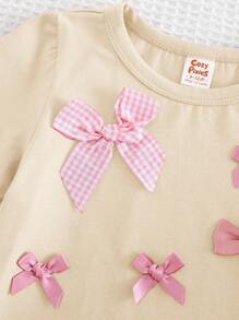 Cozy Pixies Baby Girl Textured Bow Knit Soft Round Neck Short Sleeve Pullover Top - Apricot - View 7