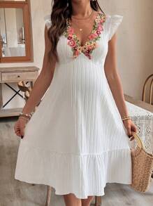 SHEIN Pregnant Women V-Neck Ruffle Sleeve Patterned Maternity Dress - White - View 5