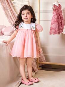 Vestido corto de manga corta para niña bebé, de estilo elegante y lindo, con estampado floral de organza y patchwork, para verano - Rosa - Ver 8