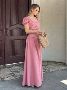 EURMUSE Women's Vacation Set  Shoulder Ruffled Crew Neck Top And Ruffled Maxi Skirt With Pleat. Chic And Cozy - Baby Pink - View 5