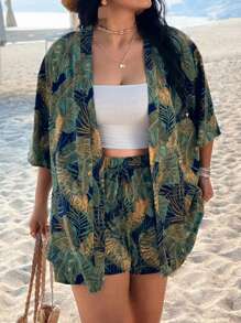SHEIN VCAY 大码女式蓝叶印花和服式衬衫和短裤沙滩两件套