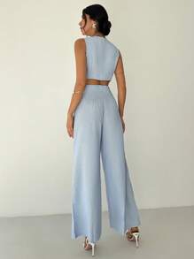 Firerie Set de 2 piezas: Chaleco sin mangas de rayas azules y blancas con cuello en V, elegante y casual para oficina y vacaciones + Pantalones rectos de cintura alta y pierna ancha de rayas azules y blancas, conjunto de vacaciones en Hawái - Azul - Ver 3