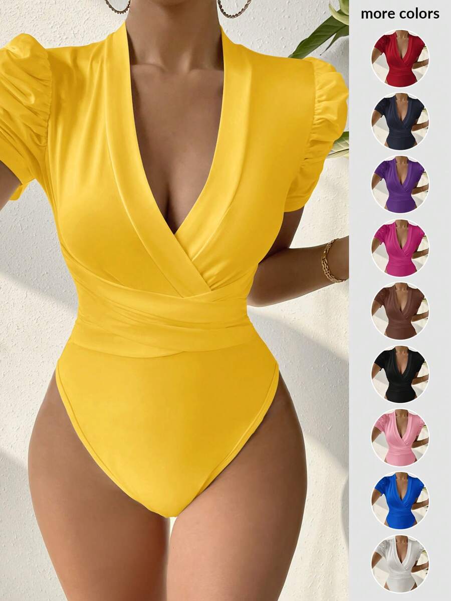 SHEIN SXY Body de manga abullonada unicolor informal para vacaciones