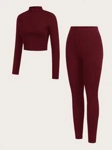 SHEIN Essnce 大码女式休闲夏季服装，女士健身休闲套装，女士慢跑裤，女士街头服饰，拉链高领长袖上衣、吊带背心和紧身裤套装，女士健身套装 3 件套，2 件套夏季服装 - 酒紅色 - 查看 4