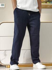 Manfinity Homme Men Casual Simple Solid Drawstring Waist Pants, Fall - Navy Blue - View 3