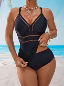 Swim Lushoire Women's Hollow Out Cami Top And Triangle Panty Tankini Set For Summer Beach Vacation - Black - View 3