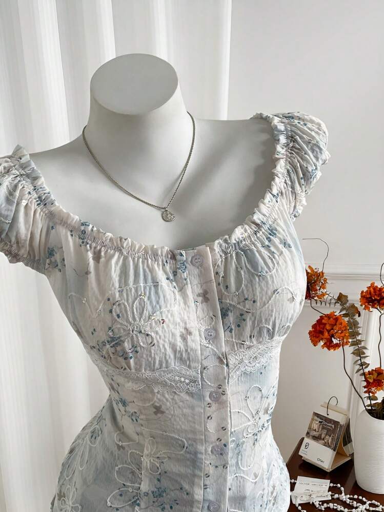 Sweetra French Retro Sexy Square Neck Sequins Embroidered Floral Lace Patchwork Short Sleeve Shirt, Fitted Slim-Fit Summer Women's Blouse - Multicolor - View 5