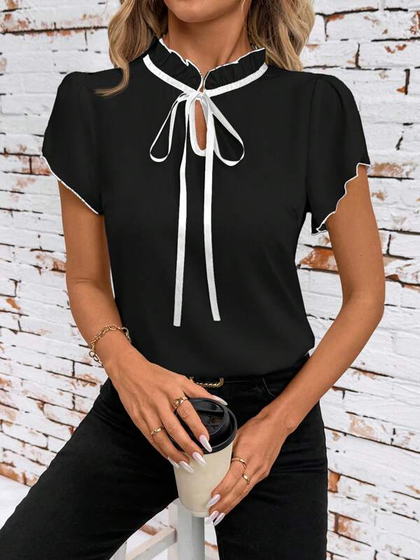 SHEIN Clasi Tricou cu mânecă scurtă în culori contrastante pentru femei, ținute de vară pentru femei, ținute de profesoară pentru femei, cămăși albe, ținute rustice, haine de vară pentru femei