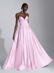 SHEIN Belle 优雅露肩骨腰超宽下摆可调节系带后背百搭鸡尾酒会晚礼服，适合正式场合、节日、约会之夜、礼服、婚礼宾客 - 粉色 - 查看 1