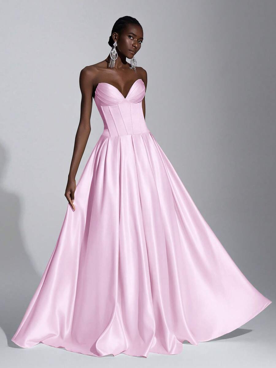 SHEIN Belle 优雅露肩骨腰超宽下摆可调节系带后背百搭鸡尾酒会晚礼服，适合正式场合、节日、约会之夜、礼服、婚礼宾客 - 粉色 - 查看 1