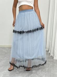 Elenzga Saia Evasê com Babados em Tule de Bolinhas Plus Size para Verão - Azul - Visão 4