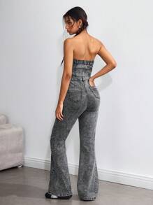 SHEIN ICON 女式喇叭裤牛仔连体裤，带口袋 - 灰色 - 查看 2