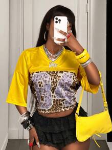 BamGleam Gold Leopard Print Short Sleeve T-Shirt, Summer - Yellow - View 2